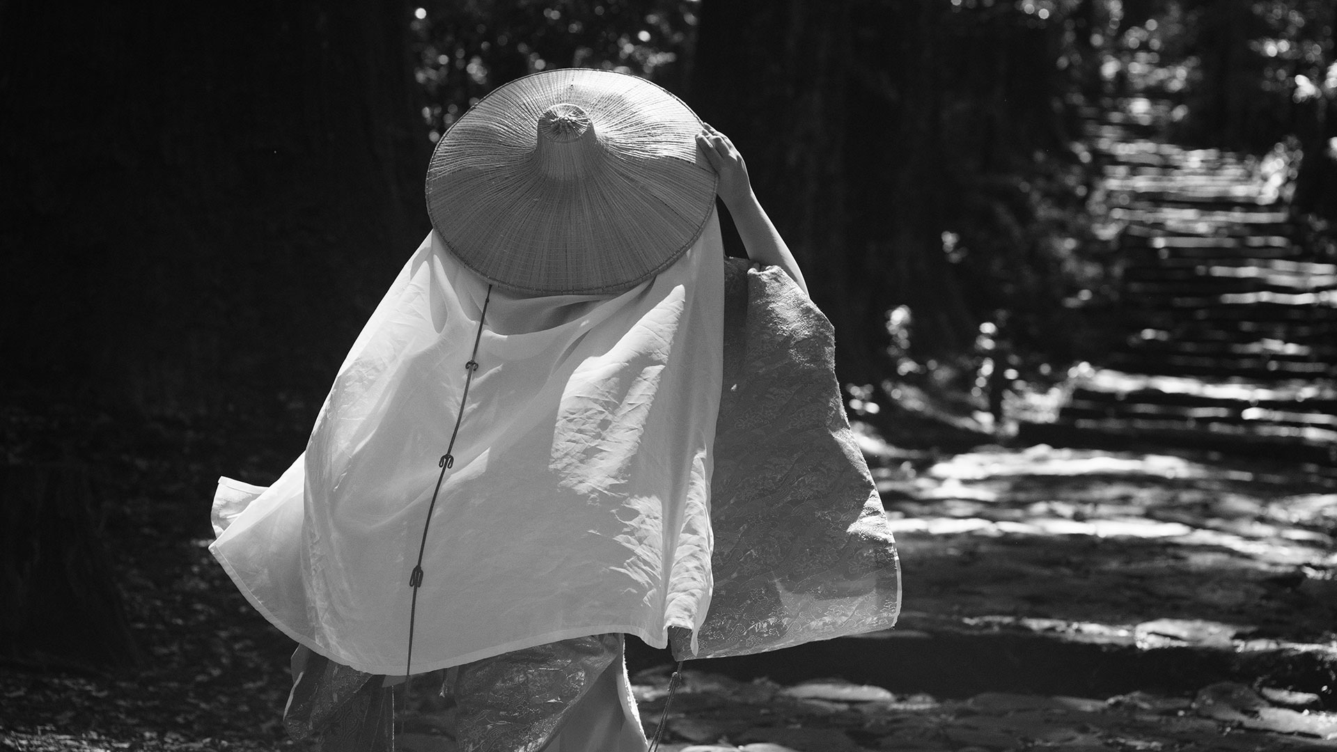 光り輝く石畳を聖地へと登る平安衣装の女性。世界遺産・熊野古道の大門坂が持つ荘厳な美しさを、情緒あふれるモノクロームの階調でkumanokodonetが描き出した