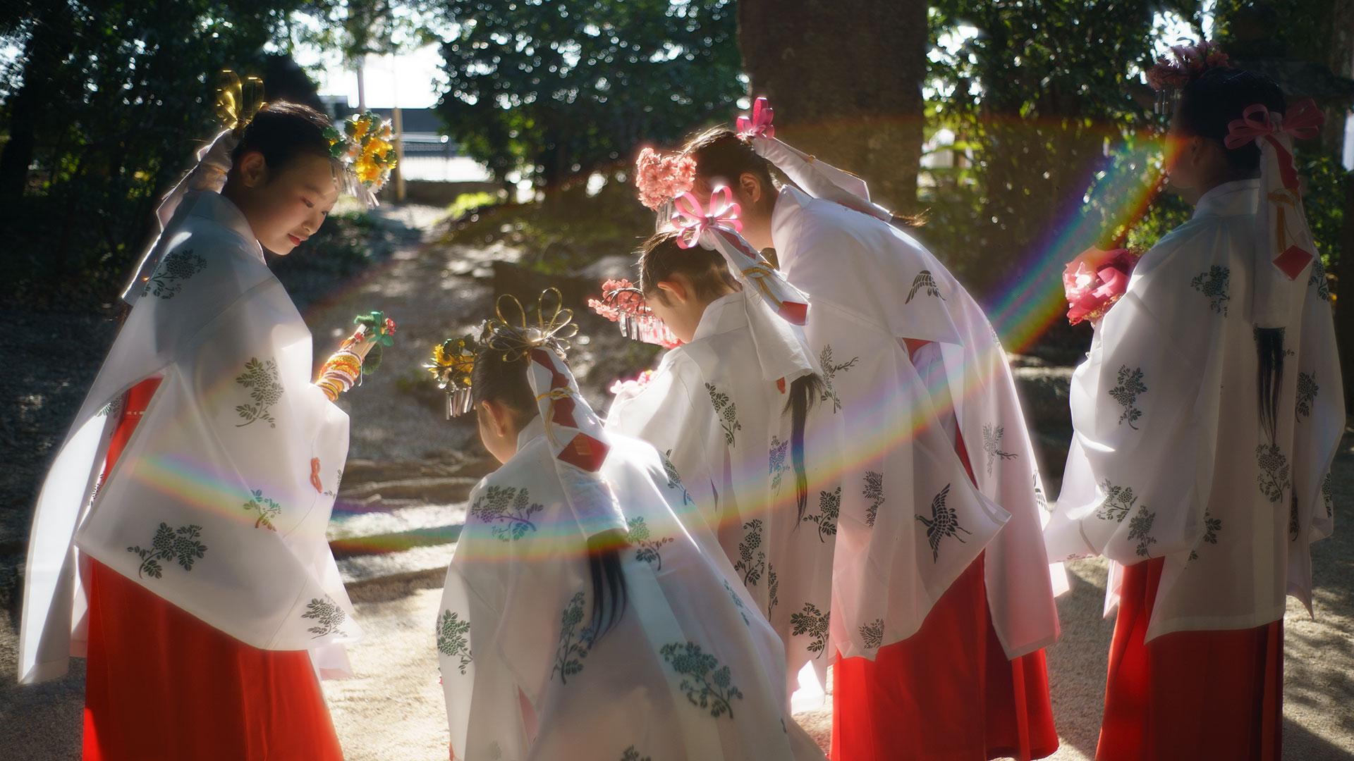 強烈な逆光の中、虹色のフレアに包まれる巫女たちの後ろ姿。まるでお綱掛け神事を見守る八百万の神々が、彼女たちの奉仕を祝福しているかのような光景。｜ Hananoiwaya Jinja, Arima, Kumano, Mie ｜ SONY α7 ｜ 2026