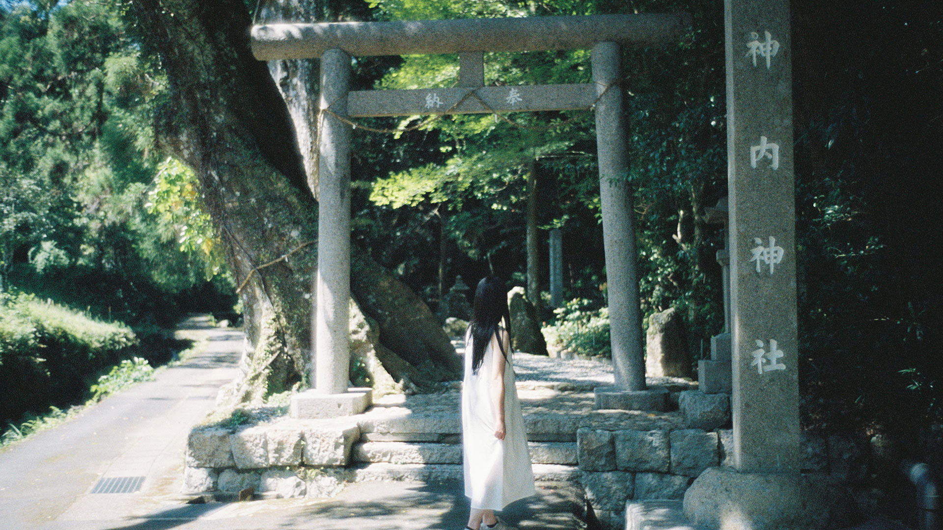 改修された神内神社の石造鳥居の正面から、Kodak PORTRA 400が描き出す参道の奥を見つめる女性のフィルムポートレート