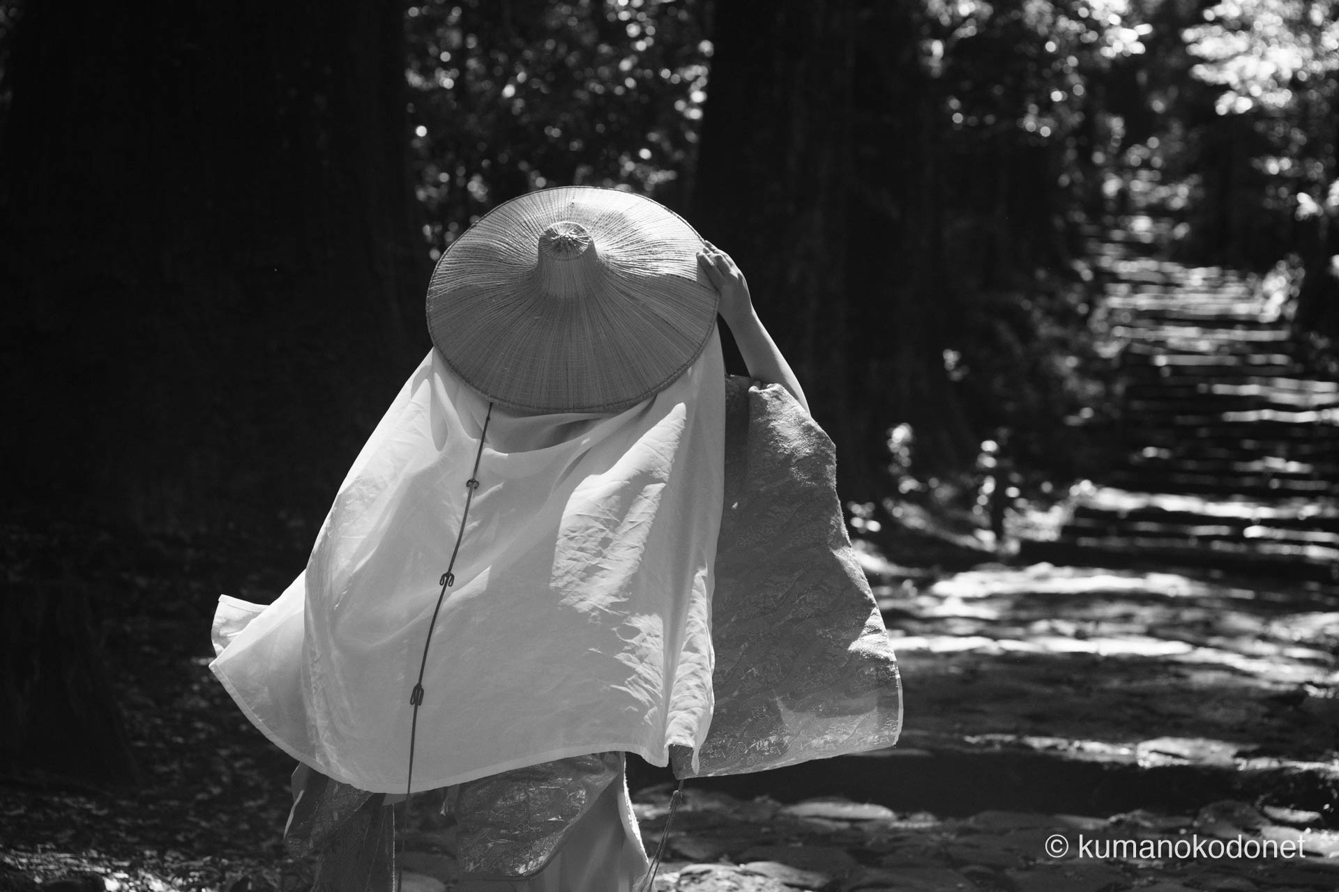 大門坂を登る平安衣装の後ろ姿。荘厳な美しさを描くモノクローム表現。| Daimonzaka, Nachikatsuura, Wakayama | SONY α7 | 2025