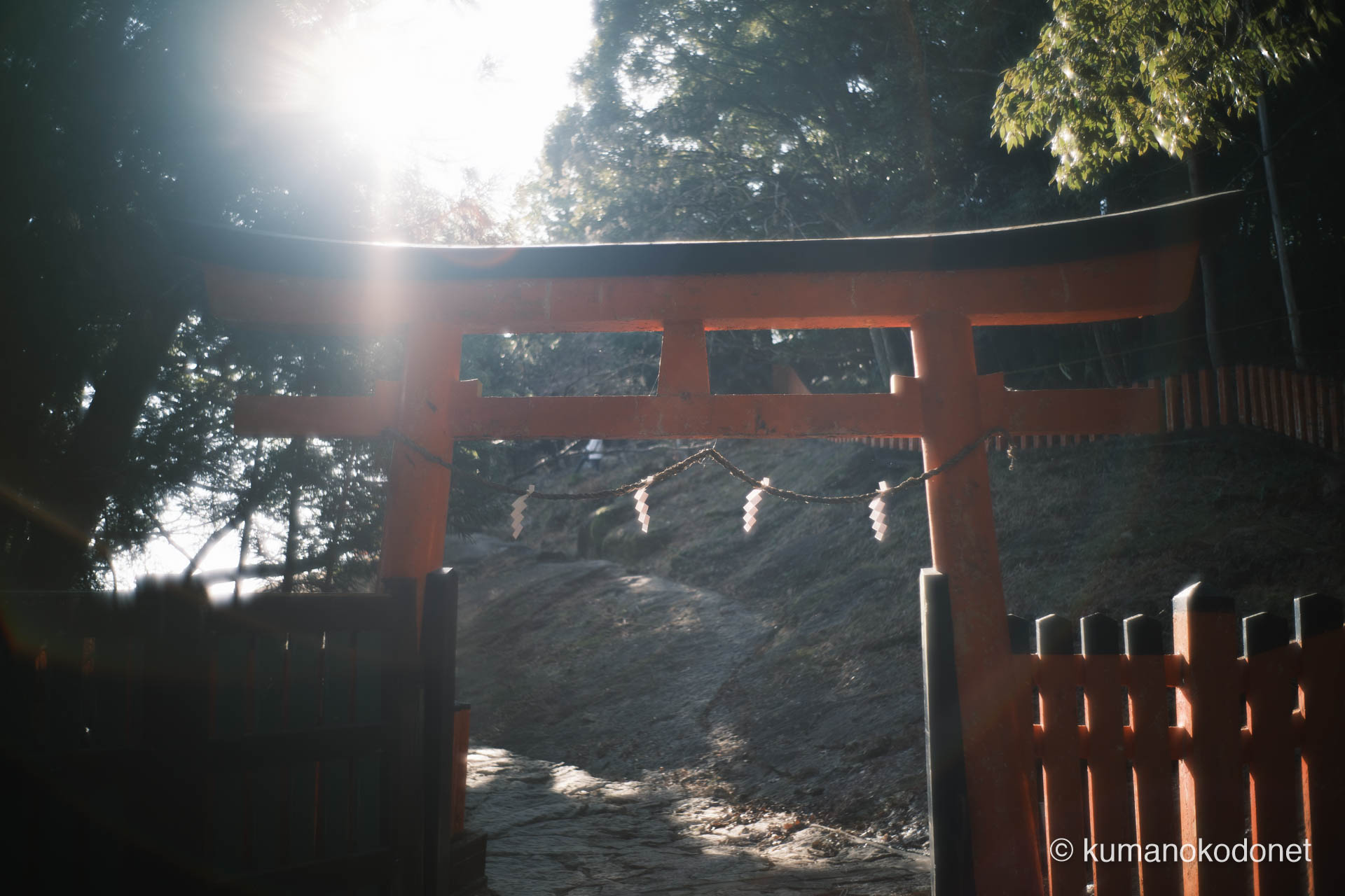 山頂の鳥居から差し込む朝の光の筋