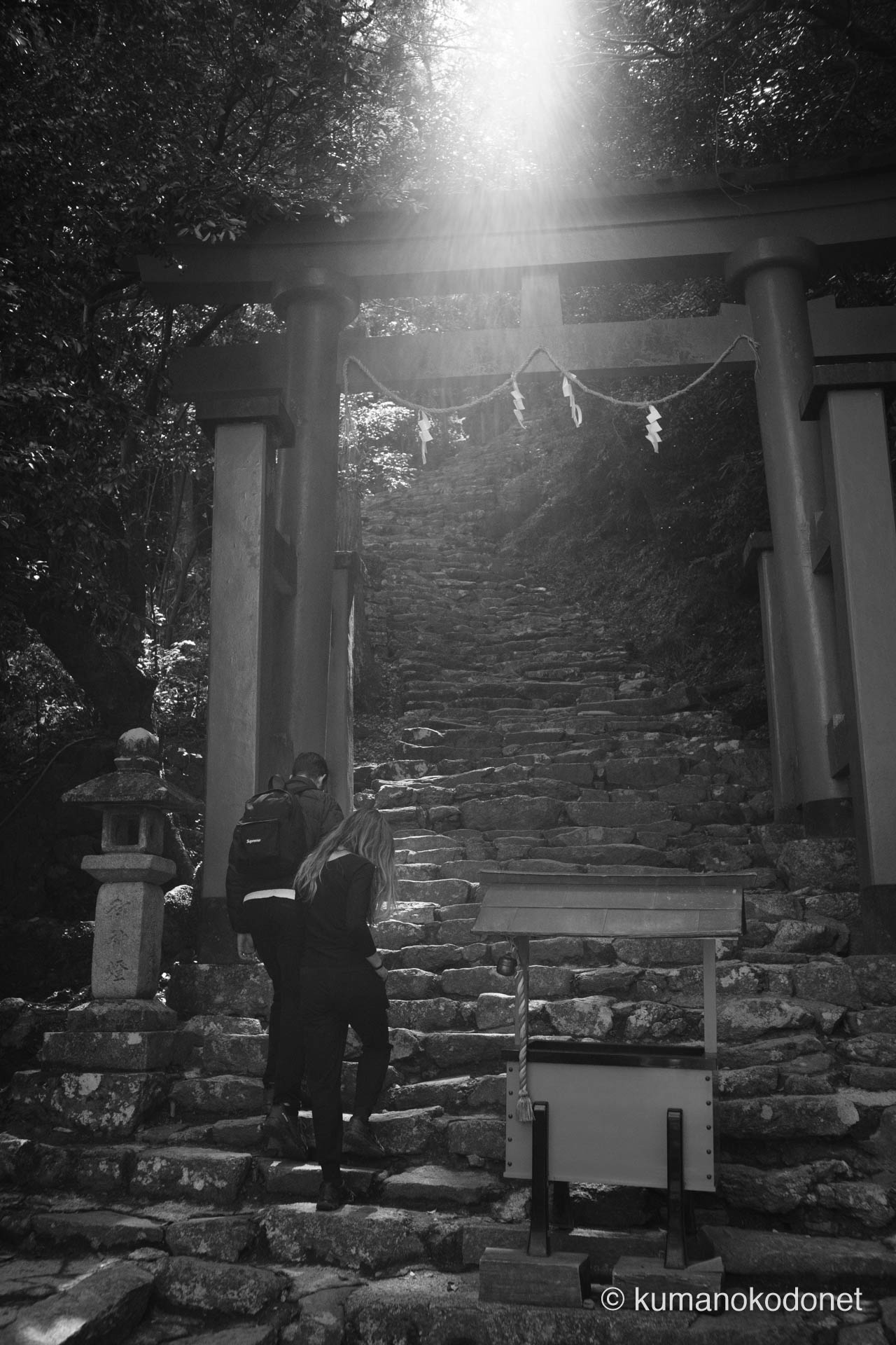 麓の鳥居から石段へと歩き出す二人組の観光客。聖域の入り口で刻まれた一瞬。｜ Kamikura Jinja, Shingu, Wakayama ｜ SONY α7 ｜ 2025