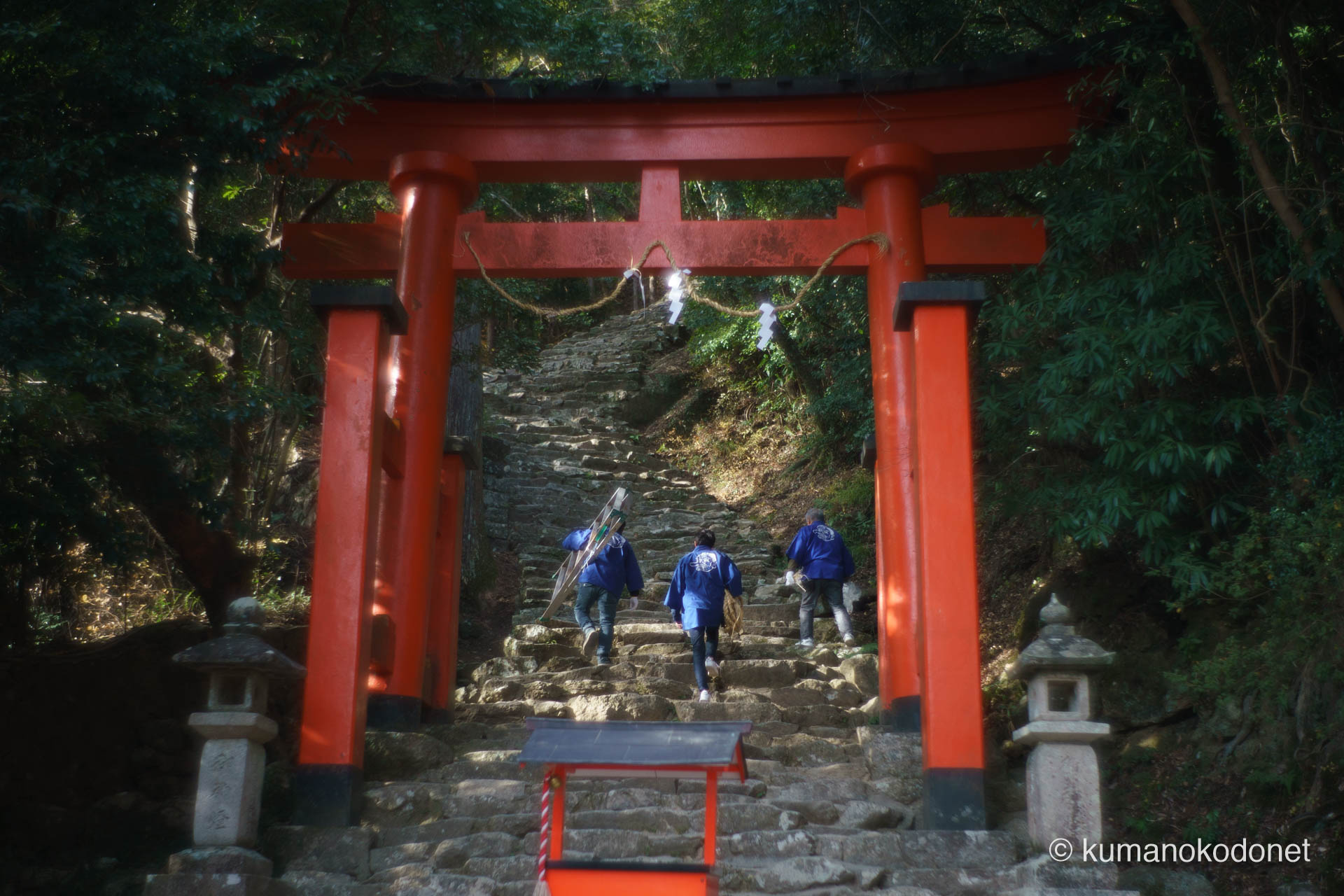 朝の光が差し込む神倉神社の鳥居前、祭りの設営に奔走する神倉神社奉賛会の人々の後ろ姿。2026年、数世紀続く火祭りの聖域を整える奉仕者たちの静かな献身の記録。 ｜ Kamikura Jinja, Shingu, Wakayama ｜ SONY α7 ｜ 2026
