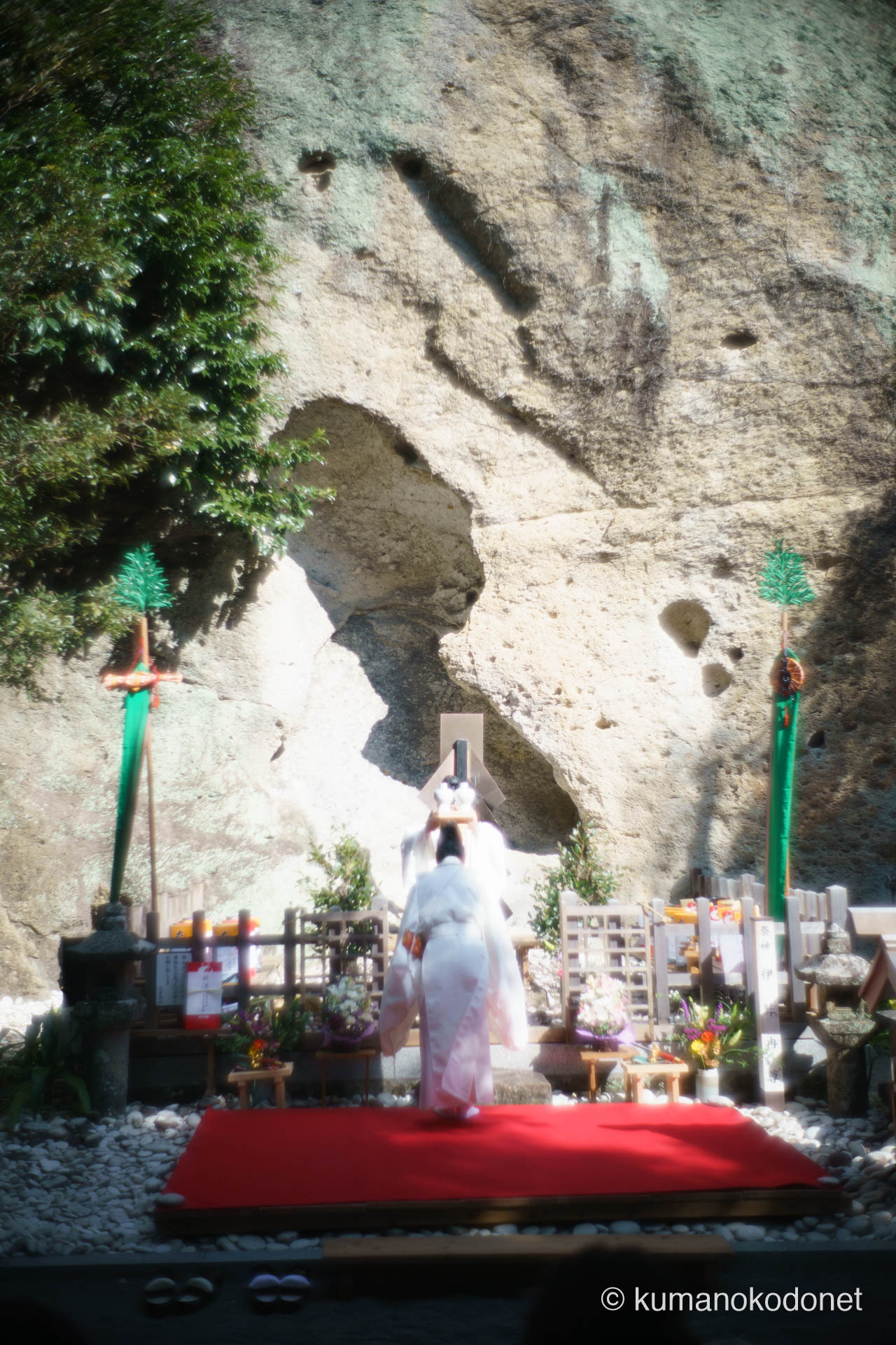 献饌(けんせん)の儀式にて、神職から神職へと神饌(神様へのお供え物)が手渡される瞬間。花の窟神社に古くから伝わる気高い作法と、神聖な供物を運ぶ緊張感までもが伝わってくるような光景。| Hananoiwaya Jinja, Arima, Kumano, Mie | SONY α7 | 2026