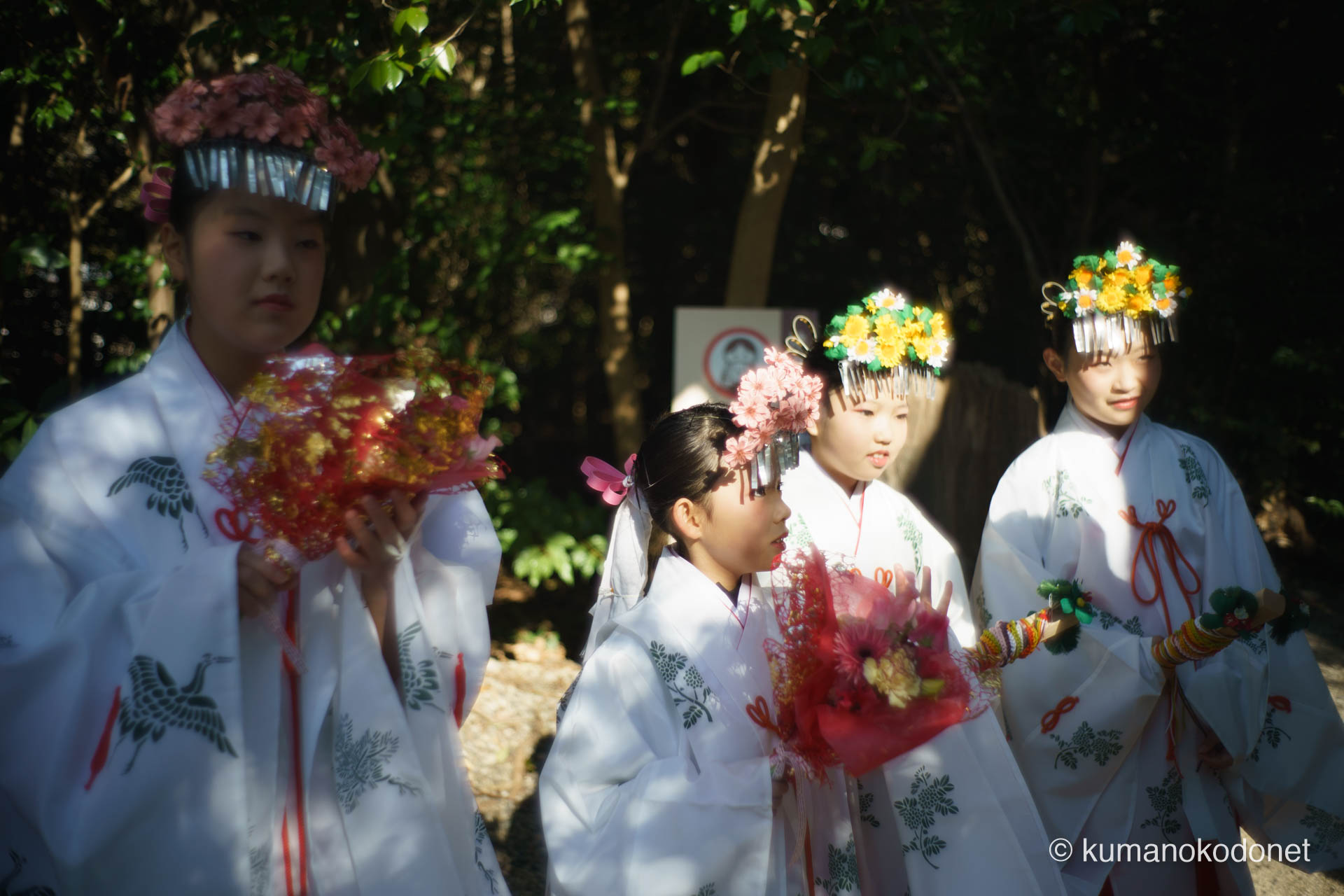 花の窟神社の森を背景に、神事に供奉する巫女たちの行列。手にした季節の花々が、日本最古の聖域に春の訪れを告げる鮮やかなアクセントとなる。| Hananoiwaya Jinja, Arima, Kumano, Mie | SONY α7 | 2026