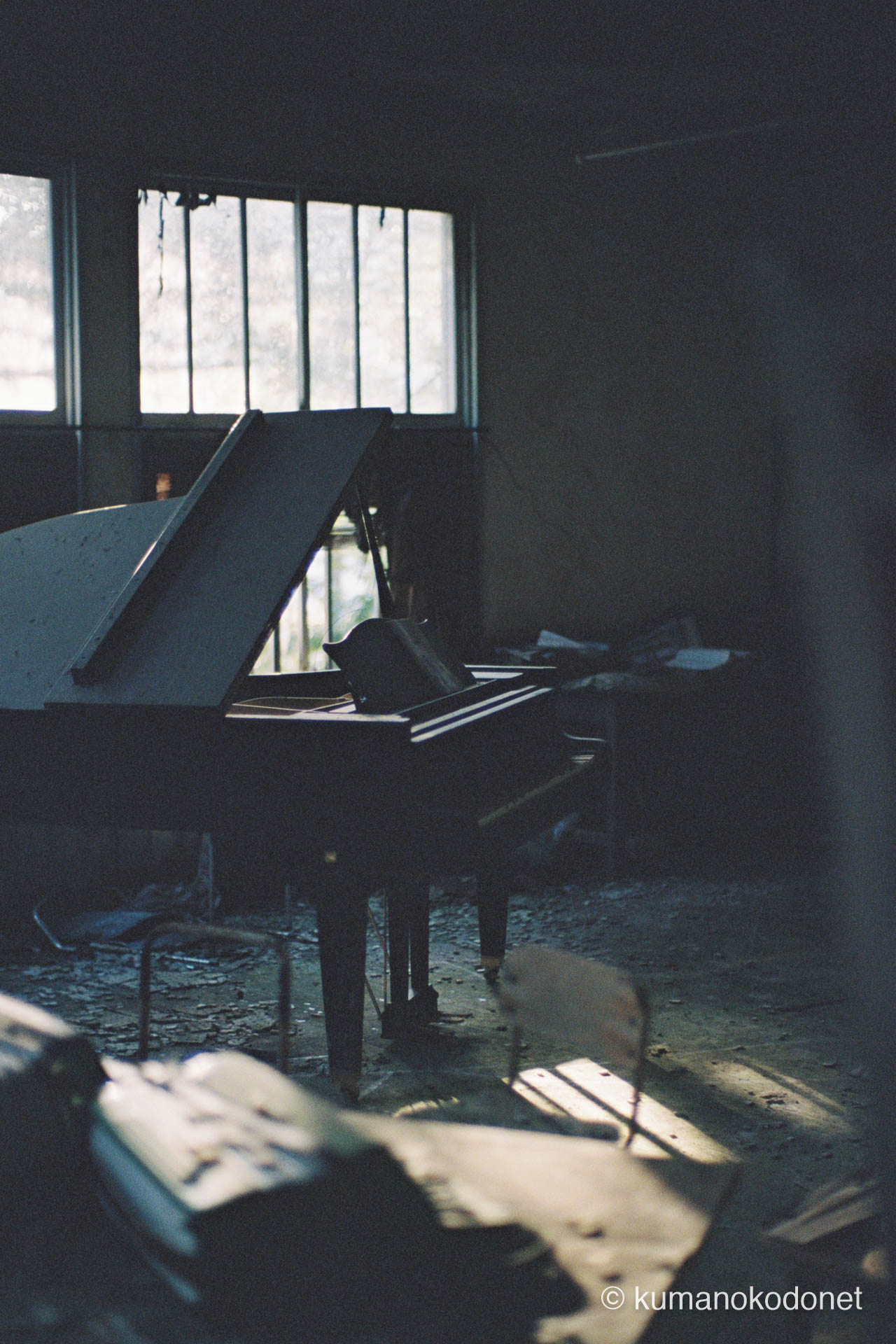 35mmフィルム特有の柔らかな粒子に包まれた、廃校の講堂に佇むグランドピアノ。窓からの斜光が静寂を切り取り、音のない世界で奏でられた旋律の余韻を視覚的に表現している。紀伊半島にて、kumanokodonetが撮影。