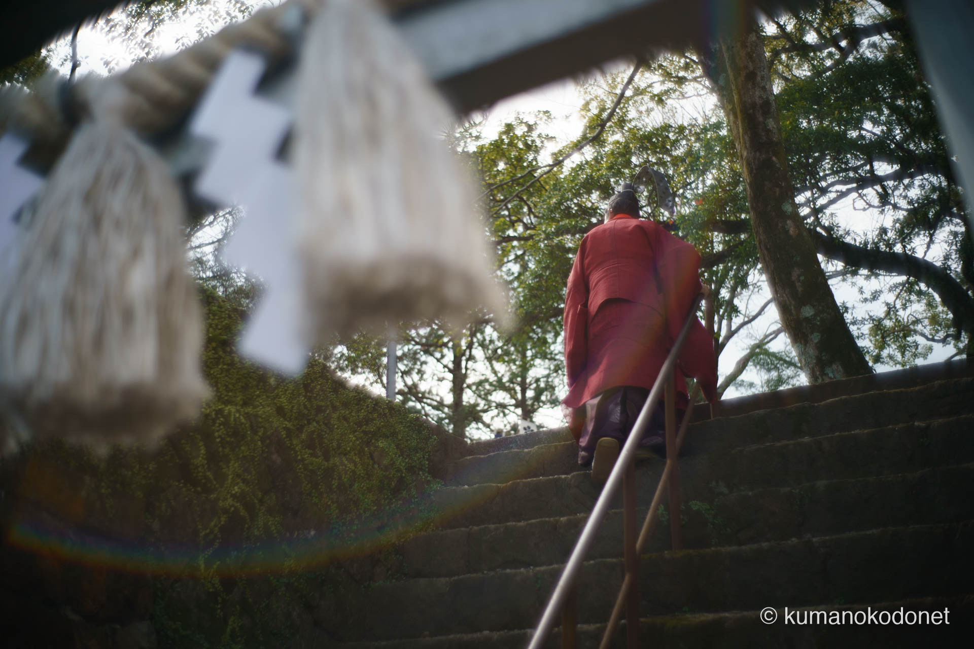 石段を登る神職の背中を照らす虹色のレンズフレア