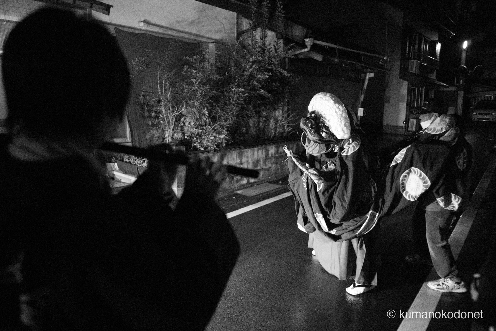 夜の路上で街灯に照らされて舞う地下回しの獅子