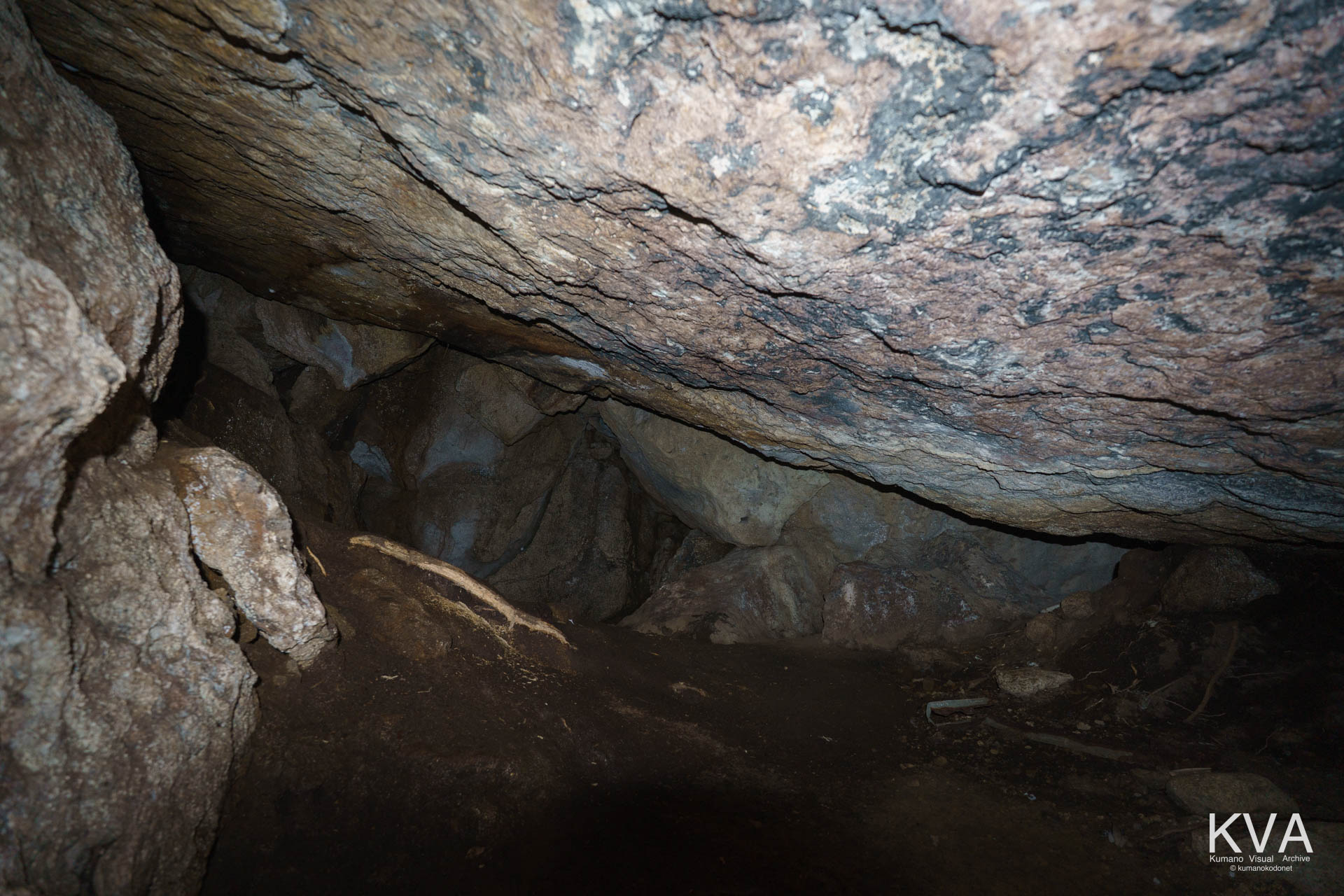 這いつくばるようにして狭小な入り口を抜けた直後、α7の超広角レンズが捉えた「蝙蝠の岩屋」内部。文献の「千畳敷」という形容とは裏腹に、岩壁が迫る閉塞感のある空間。 ｜ Kumano Deep South ｜ SONY α7 ｜ 2026