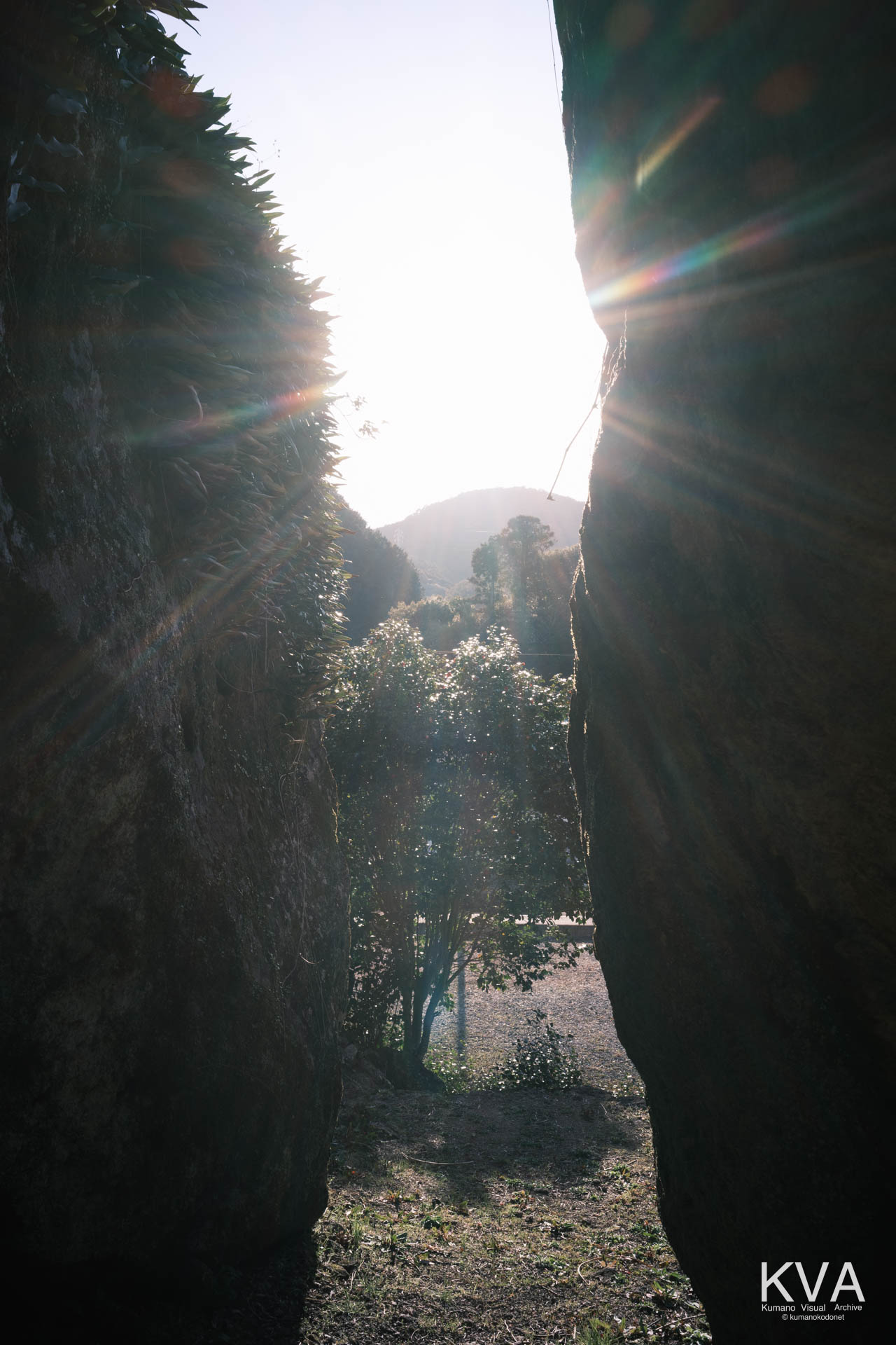 巨岩の裂け目から外を望む（縦構図）