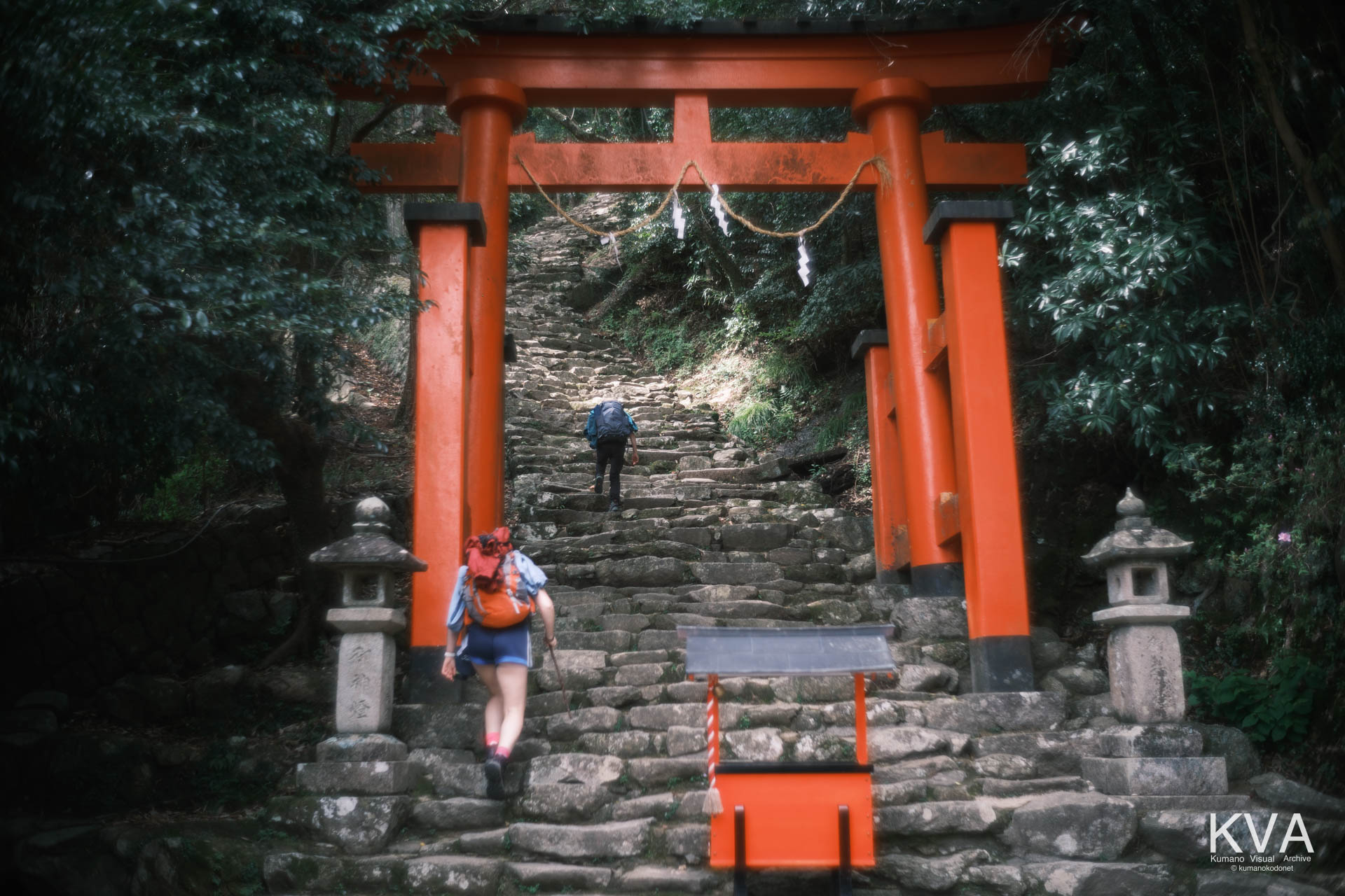 麓の鳥居を通り、石段を登り始める観光客