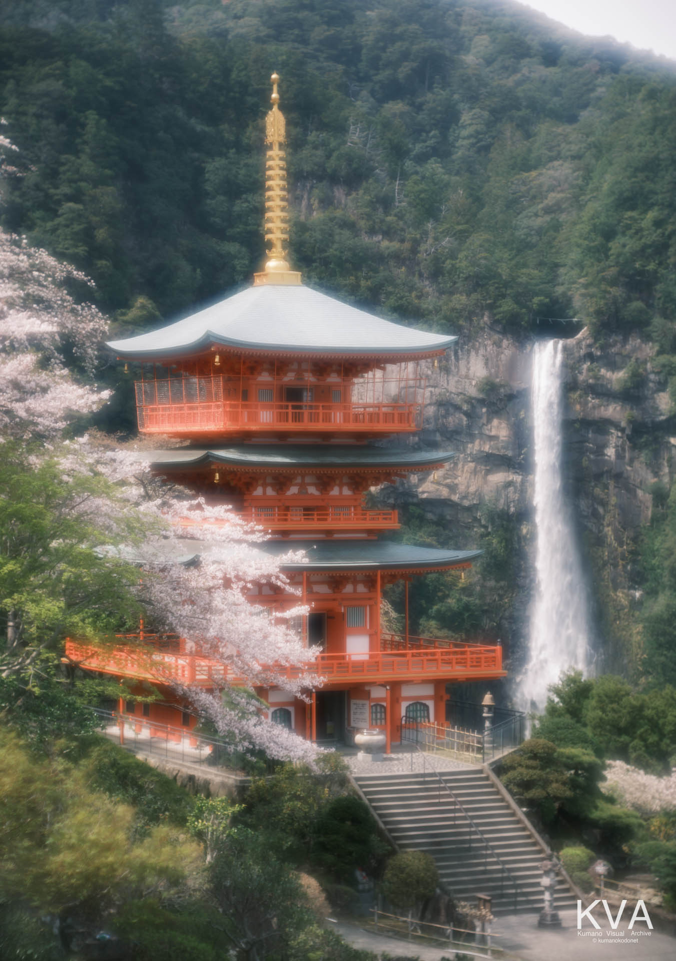 桜の枝越しに望む青岸渡寺三重塔と那智の滝、青空と山並みの遠景