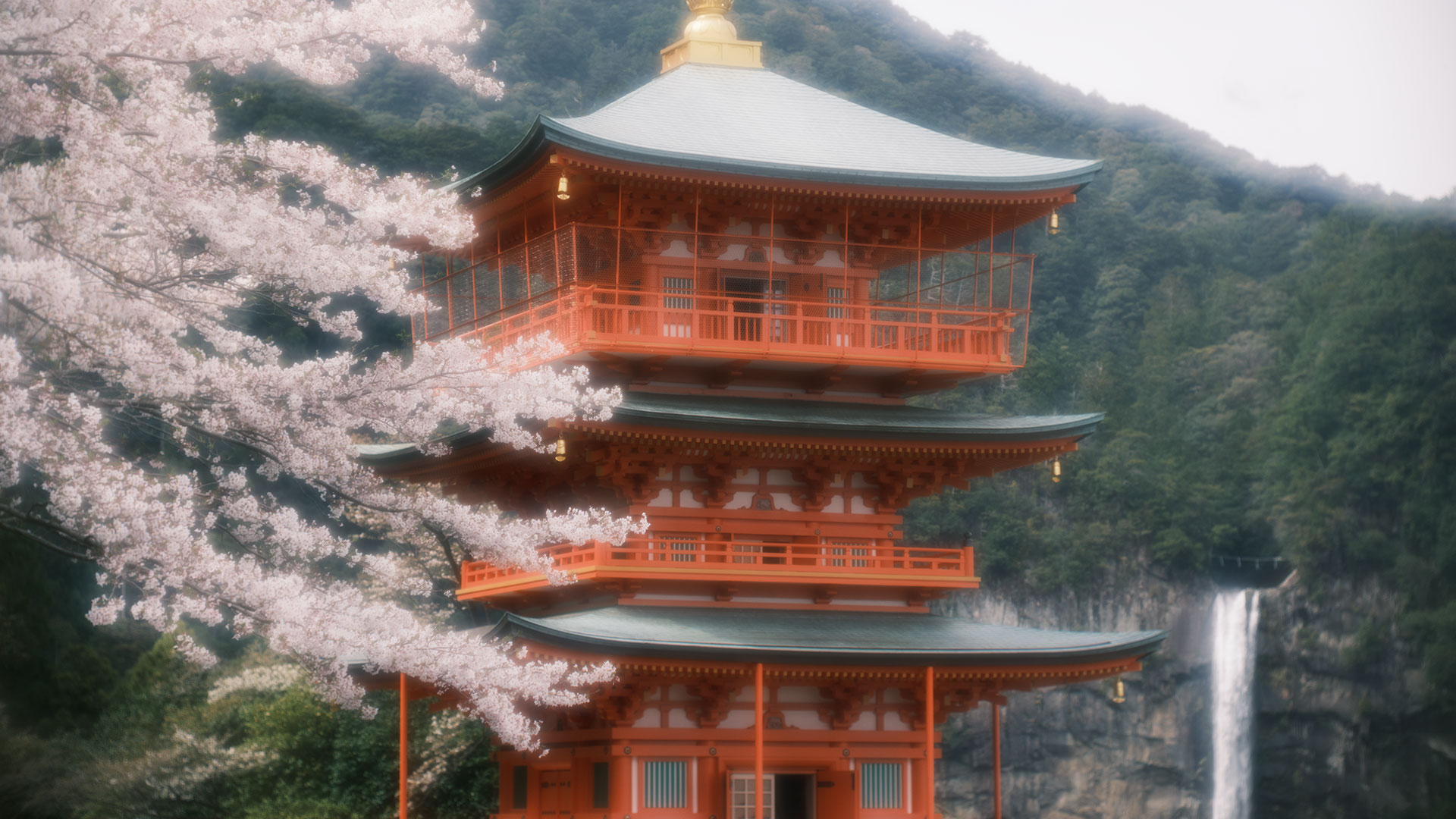 桜の枝の隙間から見上げた青岸渡寺三重塔の九輪と、右奥に望む那智の滝の上部
