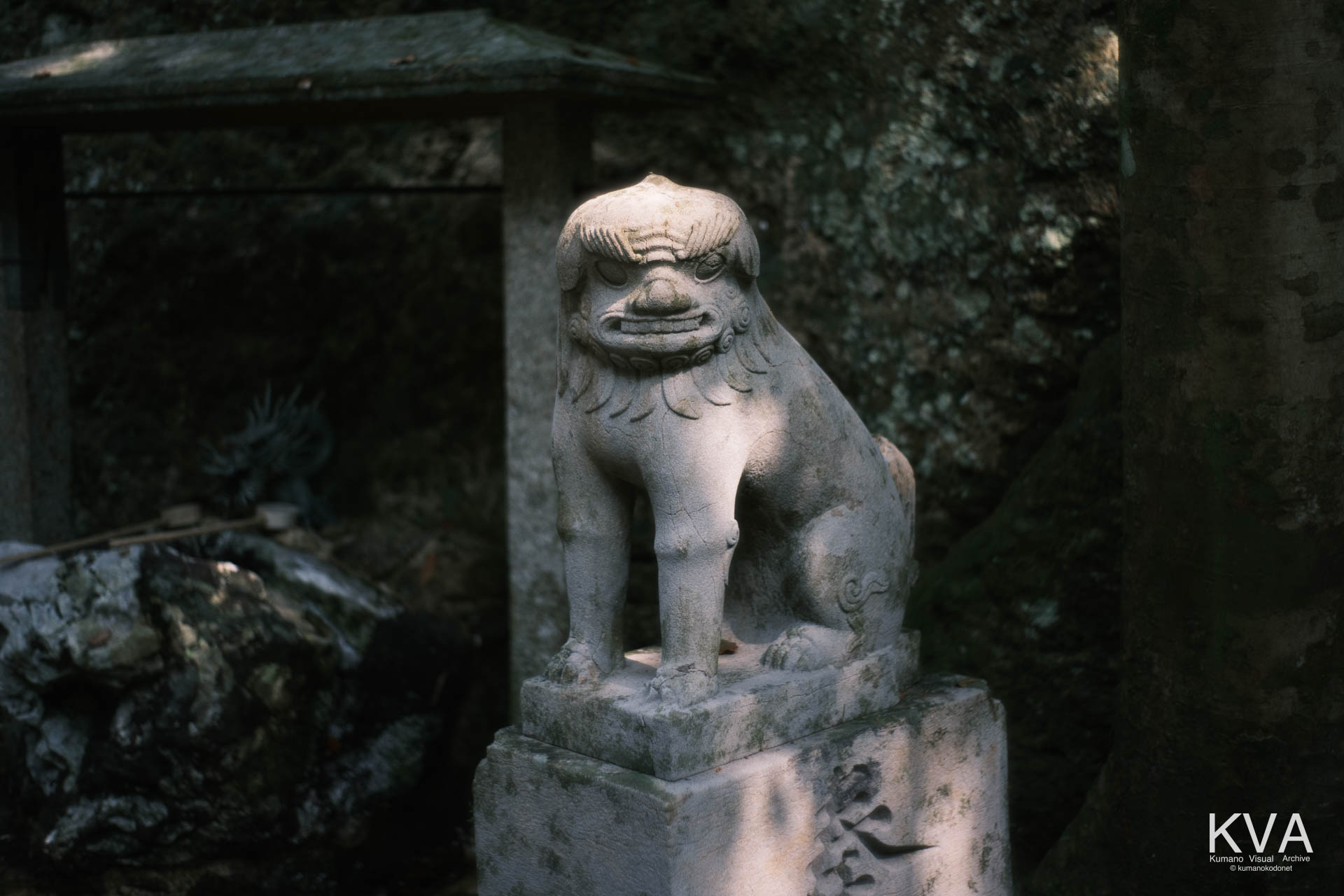 拝殿下に配置された石造狛犬 (吽形)