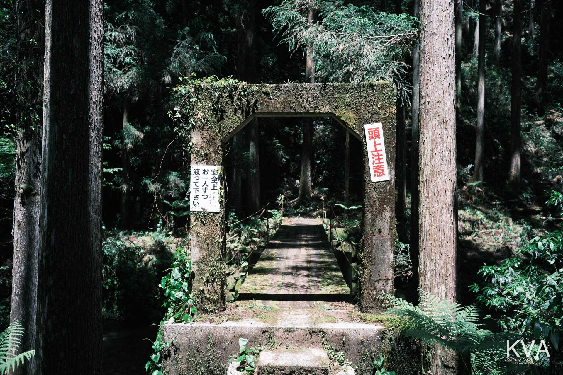 桑ノ木の滝へ続く遊歩道の木橋とコンクリート製ゲート